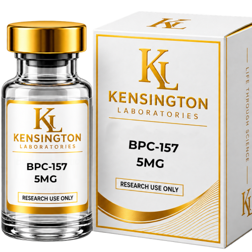 BPC-157 5mg research peptide vial and Kensington Laboratories box, shipped across Ireland